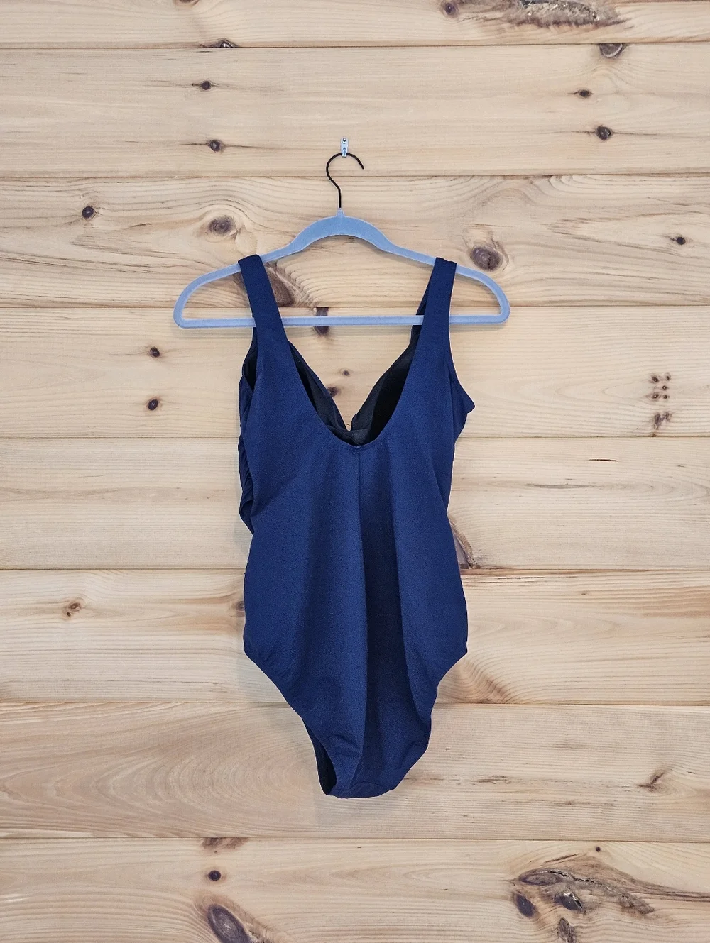 Lands’ End Slender Suit One Piece Swimsuit Womens 12 Blue Ruched Tummy Control